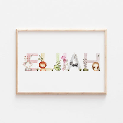 Personalised Animal Name Print | Safari Jungle Animals Alphabet Children’s Nursery Wall Art Decor Kids Newborn bedroom gift newborn Baby