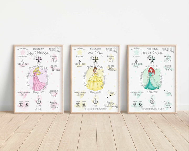 Personalised The Day You Were Born Newborn Print | Disney Princesses Ariel Elsa Moana Rapunzel Tiana Belle Nursery Baby Gift