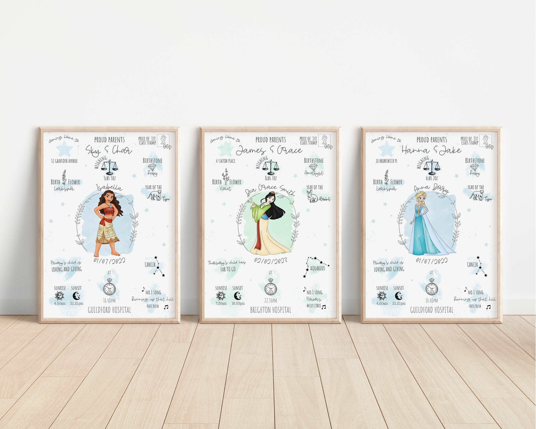 Personalised The Day You Were Born Newborn Print | Disney Princesses Ariel Elsa Moana Rapunzel Tiana Belle Nursery Baby Gift