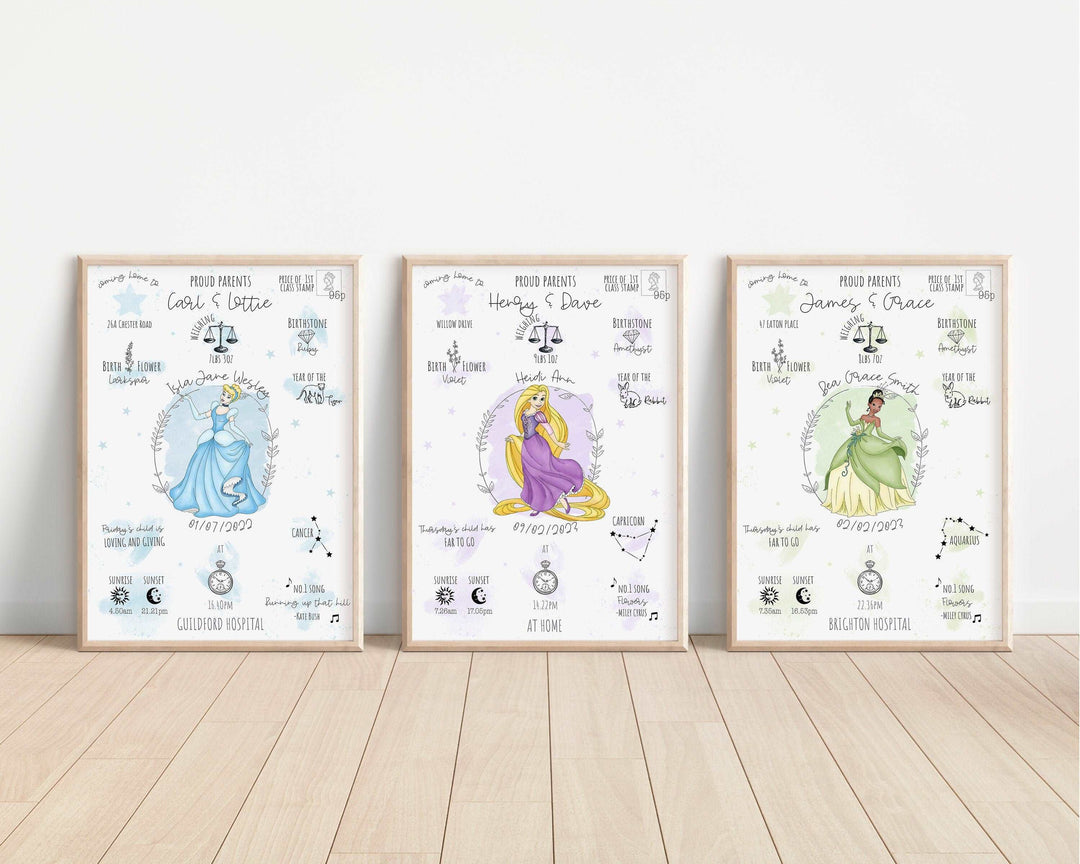 Personalised The Day You Were Born Newborn Print | Disney Princesses Ariel Elsa Moana Rapunzel Tiana Belle Nursery Baby Gift