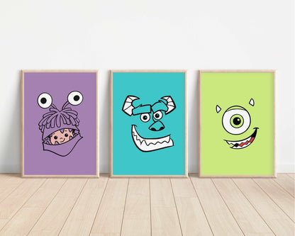Monster Inc Face Prints | Watercolour Sulley Mike Wazowski Boo Row Randall Bedroom Kids Children Nursery Bedroom Art Wall Disney Pixar