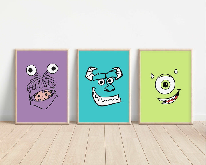 Monster Inc Face Prints | Watercolour Sulley Mike Wazowski Boo Row Randall Bedroom Kids Children Nursery Bedroom Art Wall Disney Pixar