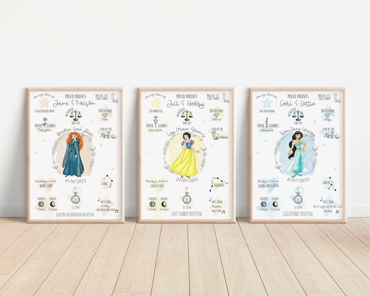 Personalised The Day You Were Born Newborn Print | Disney Princesses Ariel Elsa Moana Rapunzel Tiana Belle Nursery Baby Gift