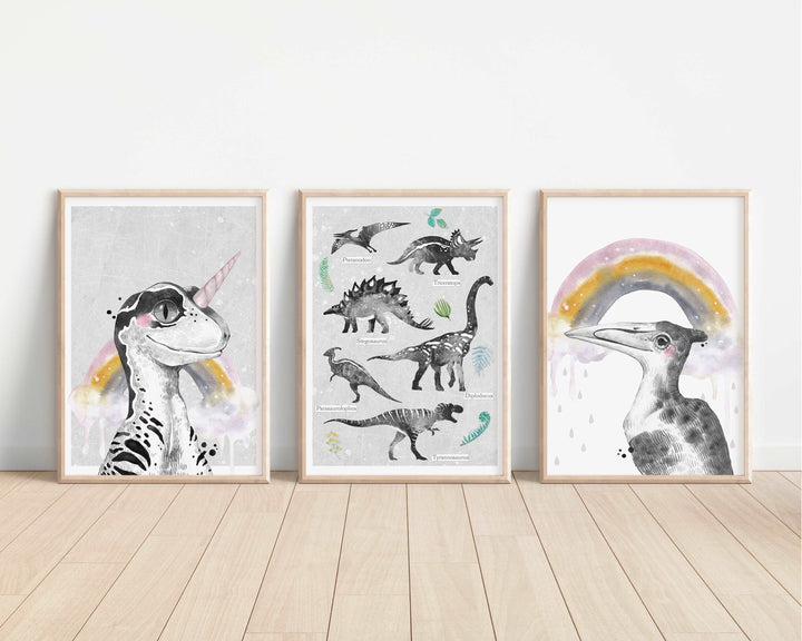 Kids Dinosaur Prints | Nursery Print Baby Bedroom Decor Posters Prehistoric Triceratops Brachiosaurus Velociraptor Theme