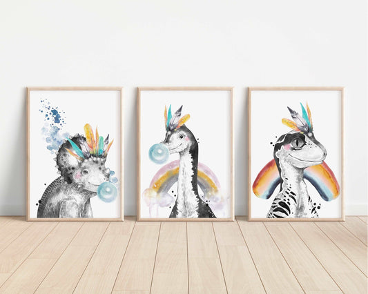 Kids Dinosaur Prints | Nursery Print Baby Bedroom Decor Posters Prehistoric Triceratops Brachiosaurus Velociraptor Theme