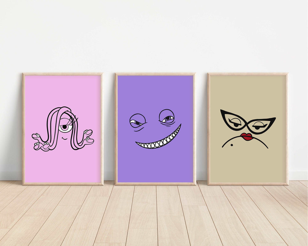 Monster Inc Face Prints | Watercolour Sulley Mike Wazowski Boo Row Randall Bedroom Kids Children Nursery Bedroom Art Wall Disney Pixar