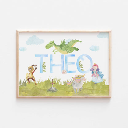 Knight & Princess Personalised Print | Dragon Fairytale Storybook Fantasy Bedroom Kids Children Nursery Bedroom Art Wall Disney Pixar