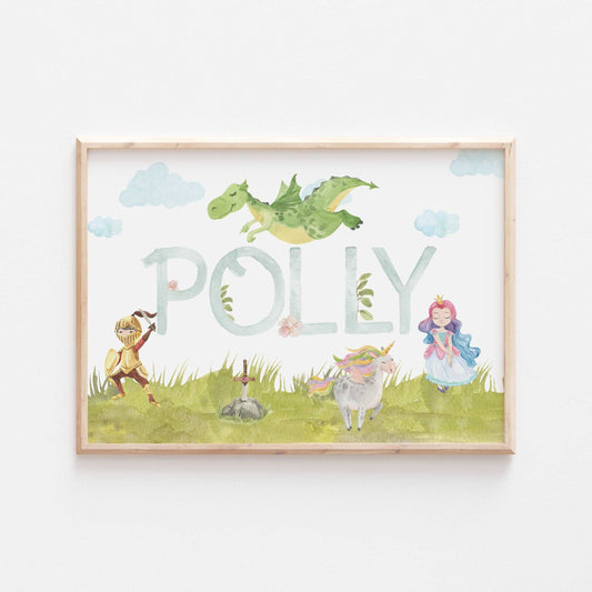 Knight & Princess Personalised Print | Dragon Fairytale Storybook Fantasy Bedroom Kids Children Nursery Bedroom Art Wall Disney Pixar