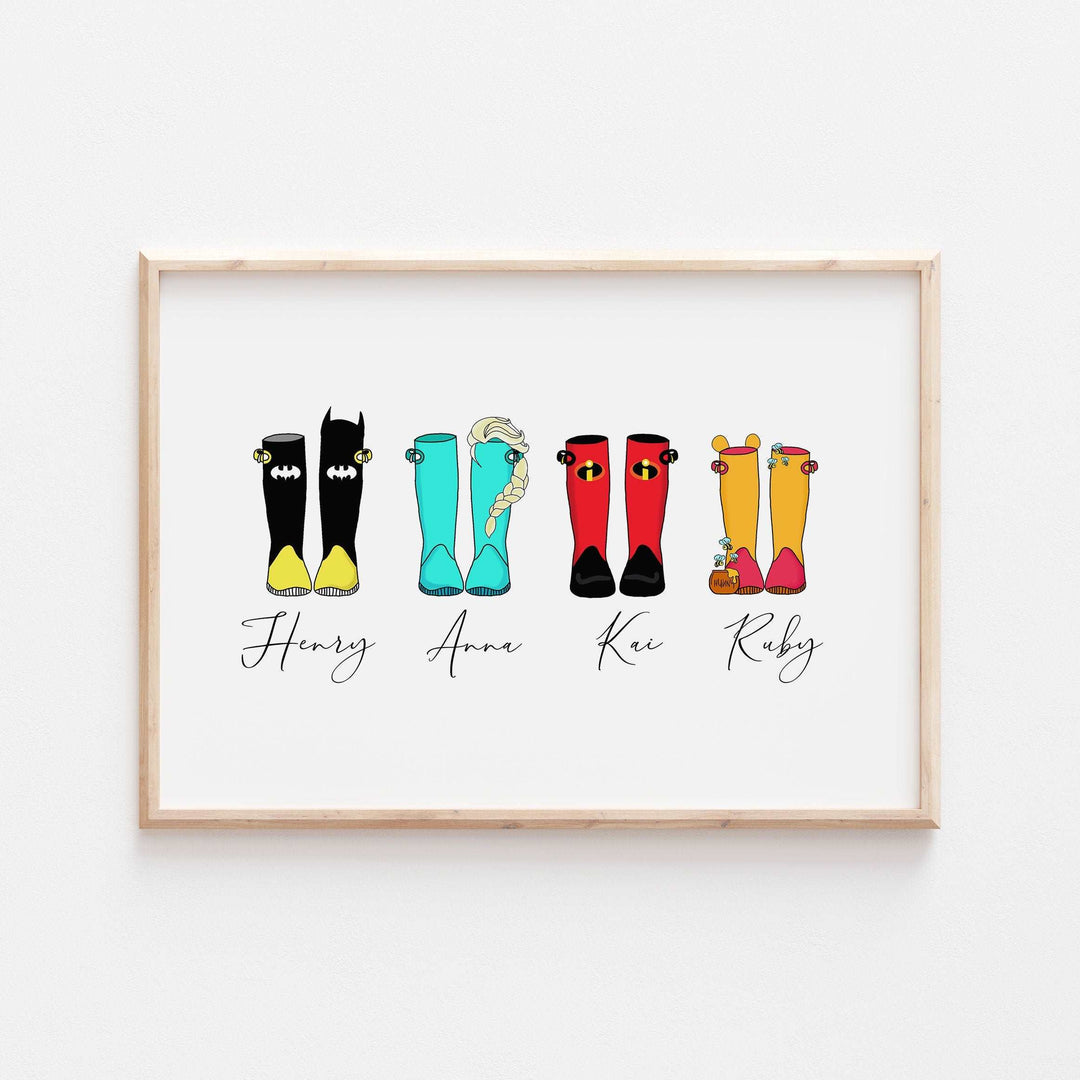 Disney Welly Boots Personalized Print | Toy Story Lilo Stitch Princesses Winnie Elsa Gift Family Poster Kids Bedroom Nursery Wall Art Pixar