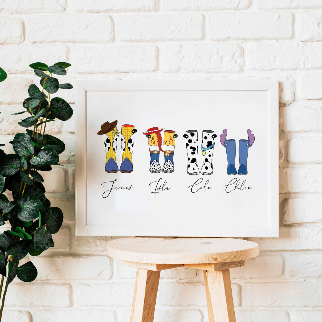 Disney Welly Boots Personalized Print | Toy Story Lilo Stitch Princesses Winnie Elsa Gift Family Poster Kids Bedroom Nursery Wall Art Pixar