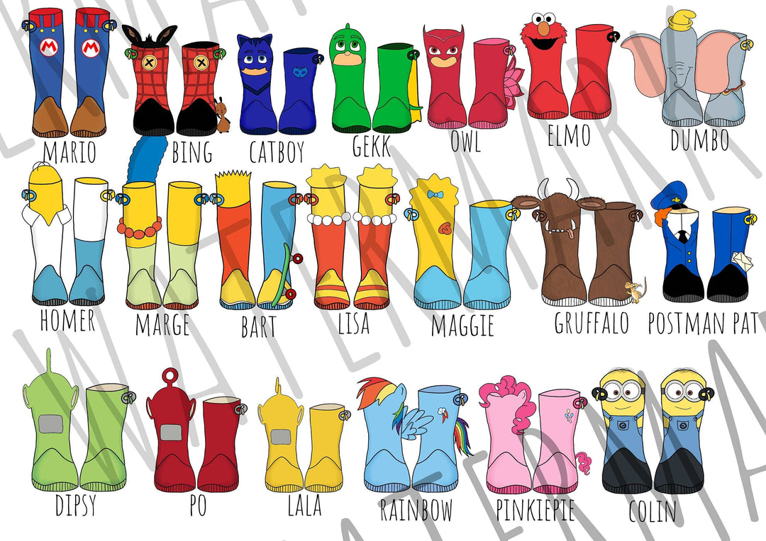 Disney Welly Boots Personalized Print | Toy Story Lilo Stitch Princesses Winnie Elsa Gift Family Poster Kids Bedroom Nursery Wall Art Pixar