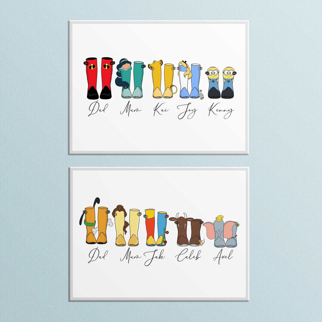 Disney Welly Boots Personalized Print | Toy Story Lilo Stitch Princesses Winnie Elsa Gift Family Poster Kids Bedroom Nursery Wall Art Pixar