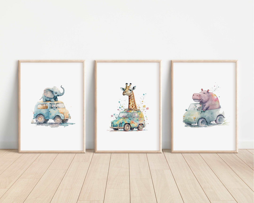 Animals in Cars Prints | Kids Nursery Bedroom Decor Lion Elephant Hippo Giraffe Safari Jungle Wild Baby Newborn Decor Art Watercolour