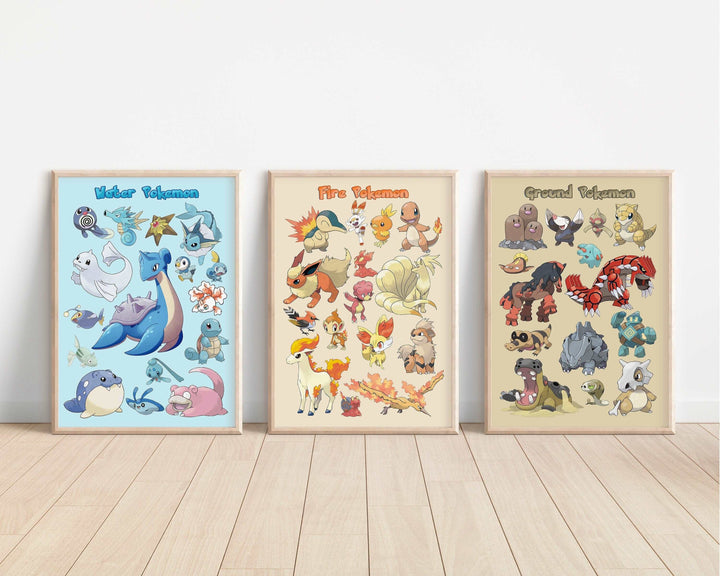 Pokemon Types Print | Fire Ground Grass Water Eeve Squirtle Charmander Cubone Bedroom Kids Children Nursery Bedroom Art Wall Disney Pixar