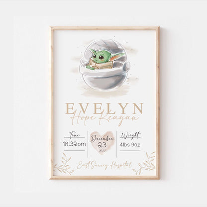 Baby Yoda Personalised The Day You Were Born | Star Wars Disney Mandalorian Print Watercolour Bedroom Nursery Decor Baby Gift Poster Mothers