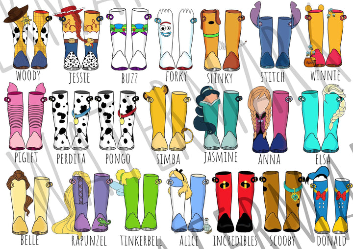 Disney Welly Boots Personalized Print | Toy Story Lilo Stitch Princesses Winnie Elsa Gift Family Poster Kids Bedroom Nursery Wall Art Pixar