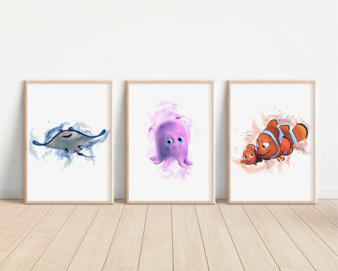 Finding Nemo Watercolour Prints | Disney Marlin Dory Bruce Pearl Squirt Bedroom Kid Children Newborn Baby Nursery Bedroom Wall Disney Pixar