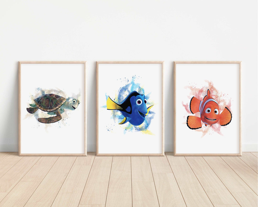 Finding Nemo Watercolour Prints | Disney Marlin Dory Bruce Pearl Squirt Bedroom Kid Children Newborn Baby Nursery Bedroom Wall Disney Pixar