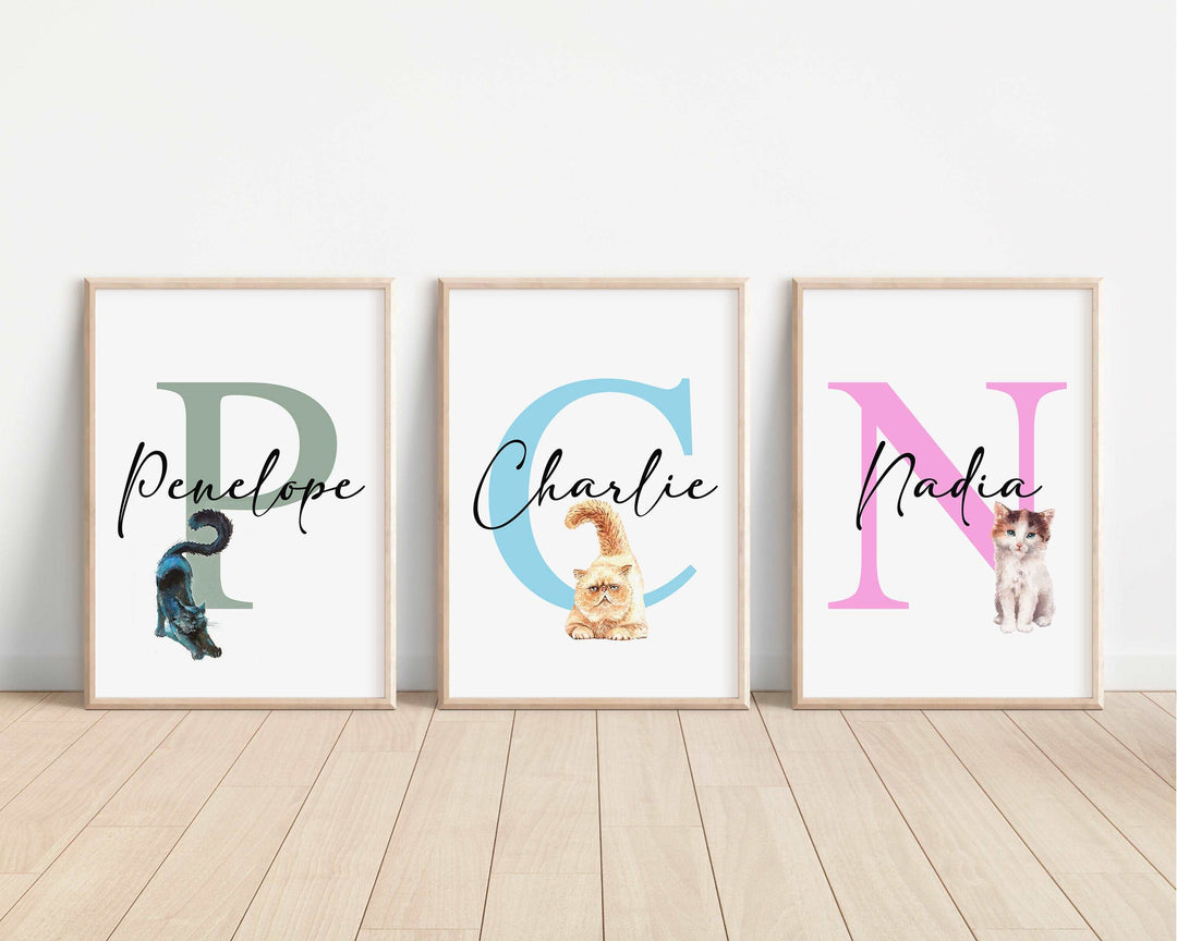 Cats Personalised Print | Watercolour Kitten Sphynx Mainecoon Tabby Persian Blackcat Bedroom Kids Children Nursery Bedroom Art Wall Gift