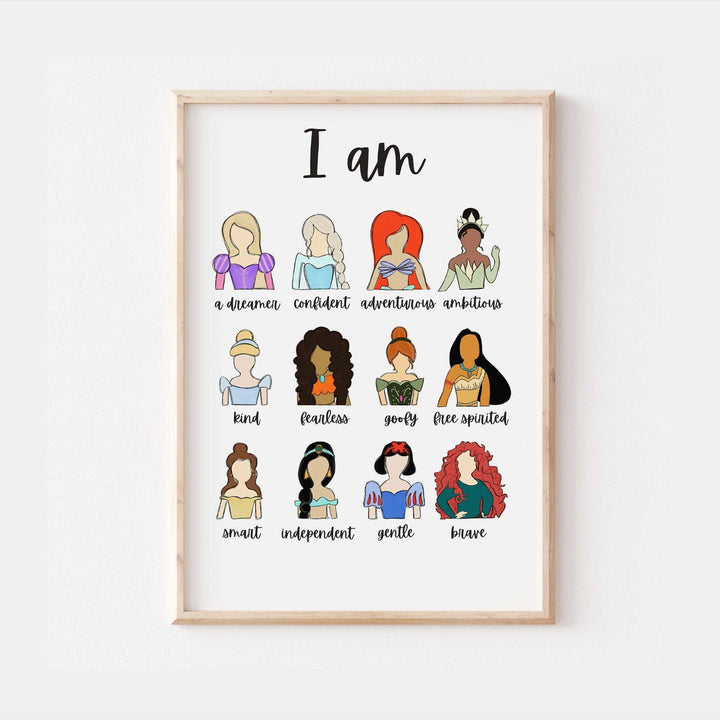 Princesses | I Am print | Moana Elsa Ariel Rapunzel Belle Tiana Anna Bedroom Print Kids Children Nursery Baby Gift Art Wall Disney Pixar