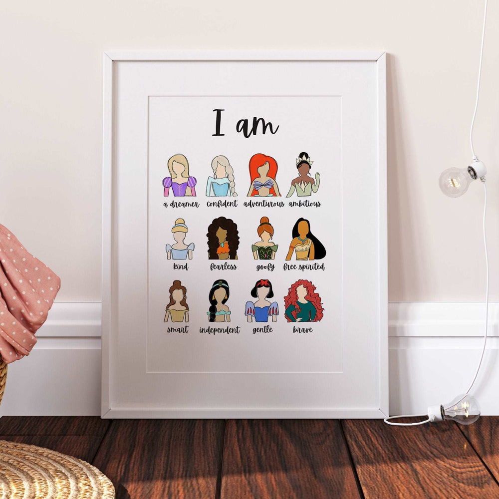 Princesses | I Am print | Moana Elsa Ariel Rapunzel Belle Tiana Anna Bedroom Print Kids Children Nursery Baby Gift Art Wall Disney Pixar