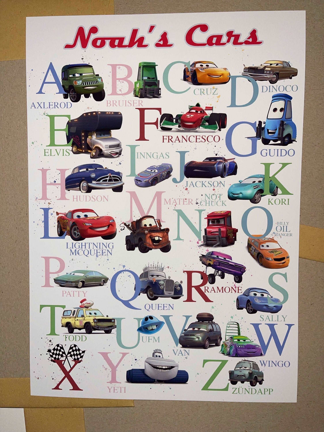 Cars Personalised Alphabet Print | Lightning McQueen Sally Doc Mater Bedroom Kids Children Nursery Bedroom Art Wall Disney Pixar