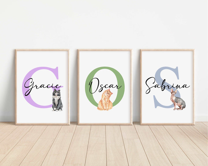 Cats Personalised Print | Watercolour Kitten Sphynx Mainecoon Tabby Persian Blackcat Bedroom Kids Children Nursery Bedroom Art Wall Gift