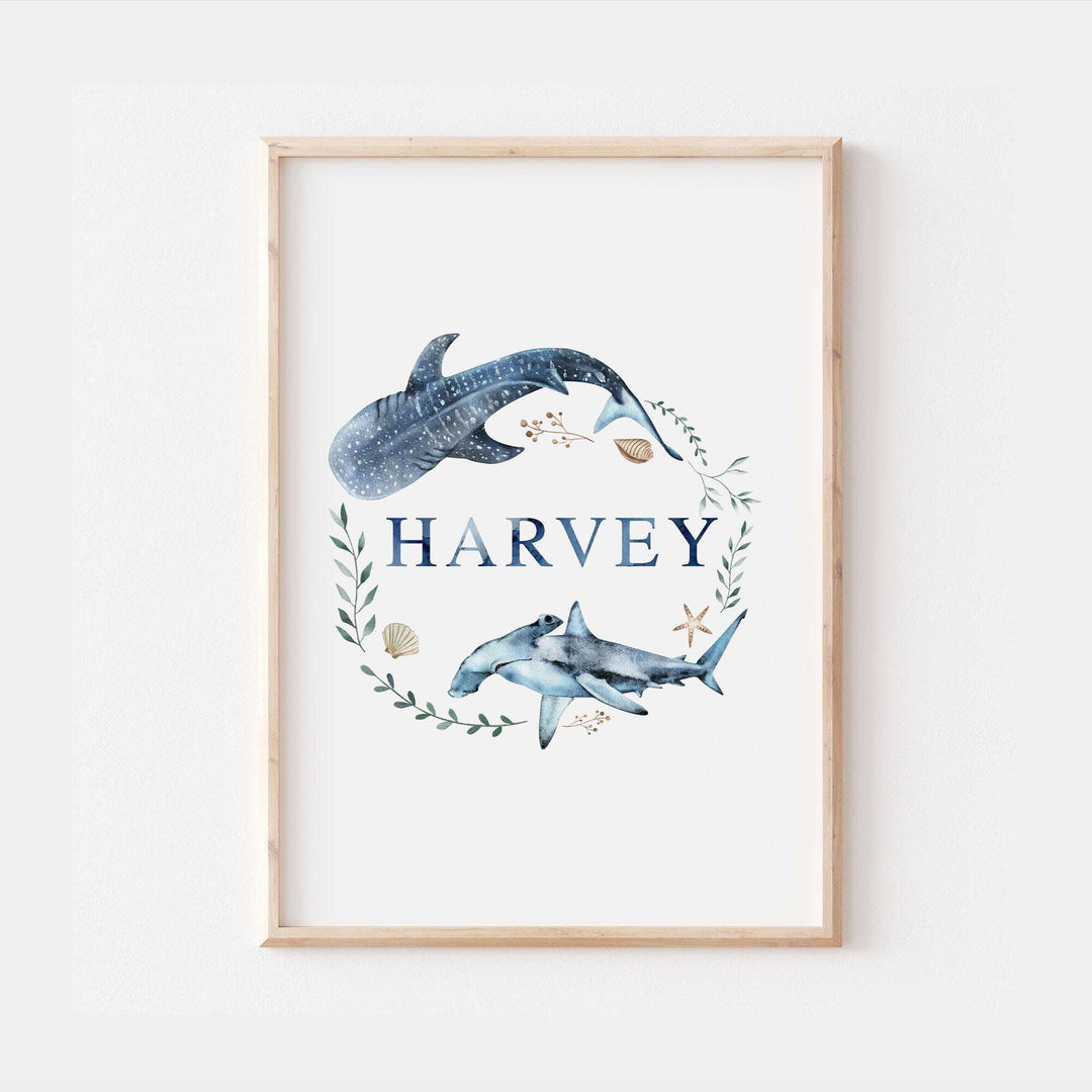 Personalized Shark Print | Watercolor Ocean Shark Name Print Children's Kids Bedroom Nursery Decor Wall Art Marine Life Sea Creatures