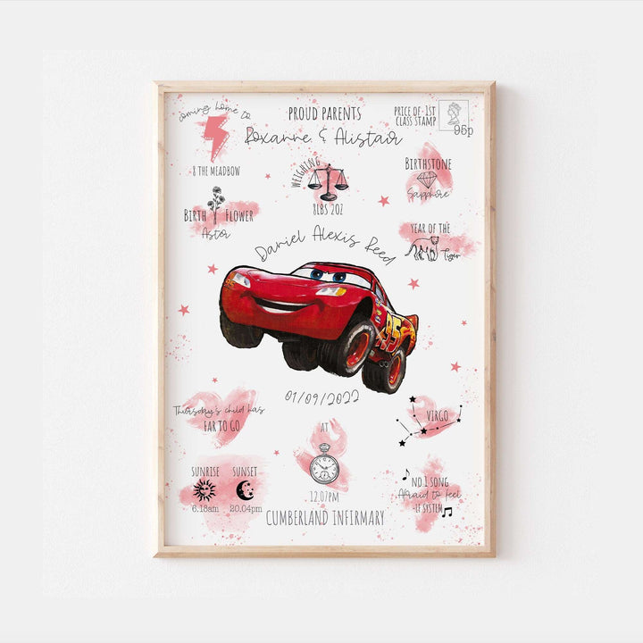 Personalised The Day You Were Born Newborn Print | Lightning McQueen Mater Pixar Cars Disney Watercolour Bedroom Nursery Decor Baby Gift