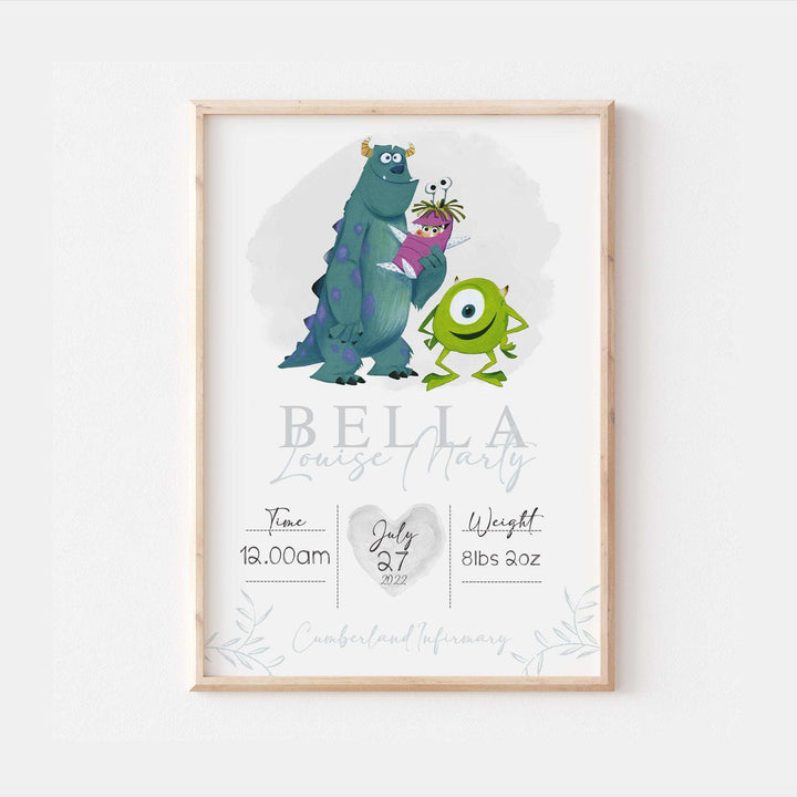 Personalised The Day You Were Born | Monsters Inc Sulley Boo Mike Disney Newborn Print Bedroom Nursery Decor Baby Gift Poster Baby Shower