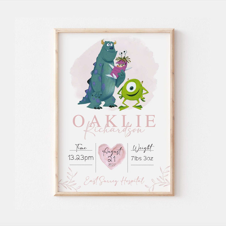 Personalised The Day You Were Born | Monsters Inc Sulley Boo Mike Disney Newborn Print Bedroom Nursery Decor Baby Gift Poster Baby Shower