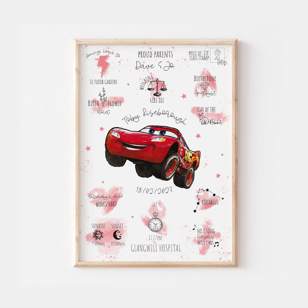 Personalised The Day You Were Born Newborn Print | Lightning McQueen Mater Pixar Cars Disney Watercolour Bedroom Nursery Decor Baby Gift