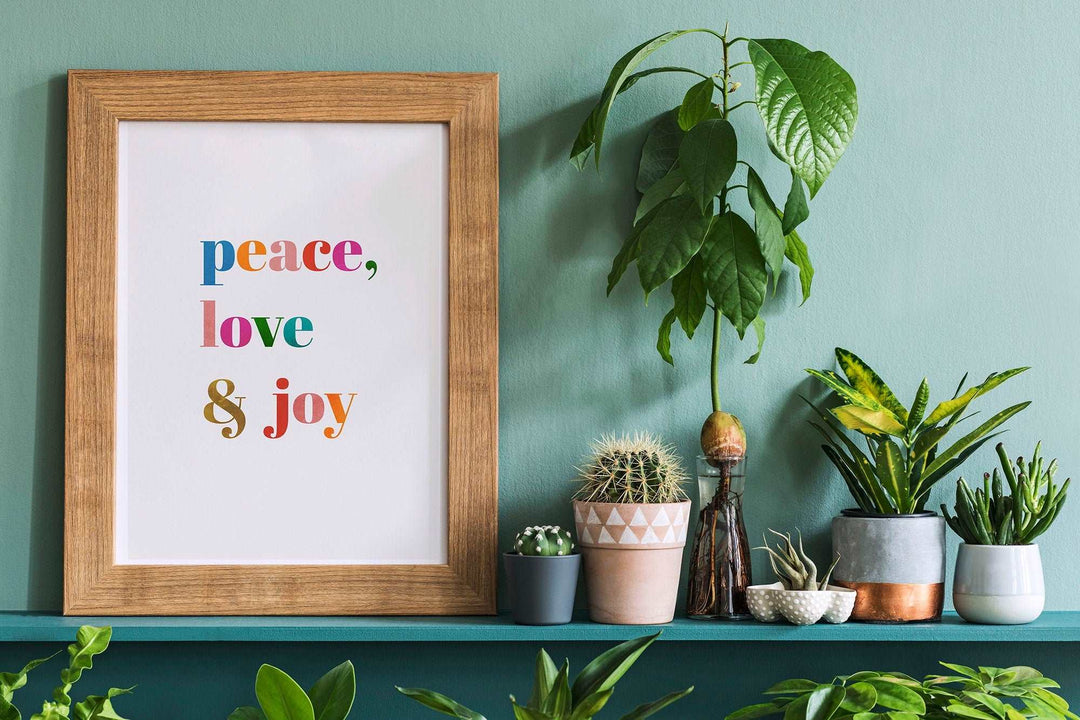 Peace, Love & Joy Print | Colourful Quote Affirmation Art | Love Happy Cute Living Room Bedroom Wall Art Decor | Poster Vibrant Home