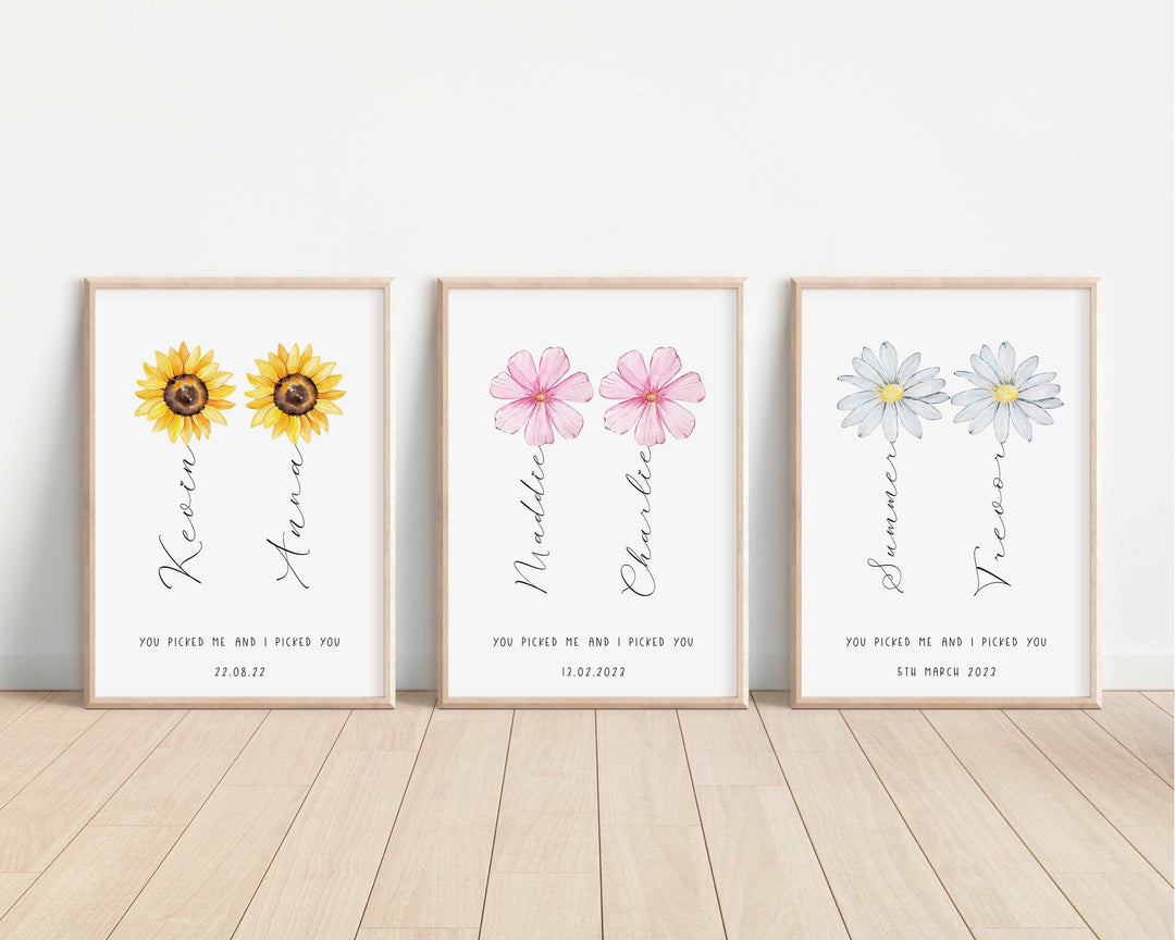 Personalised Flower Print | Sunflower Daisy Aster Wedding Engagement Anniversary Best Friends Decor Gift Family Poster Bedroom Wall Art