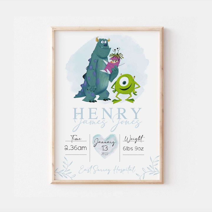 Personalised The Day You Were Born | Monsters Inc Sulley Boo Mike Disney Newborn Print Bedroom Nursery Decor Baby Gift Poster Baby Shower