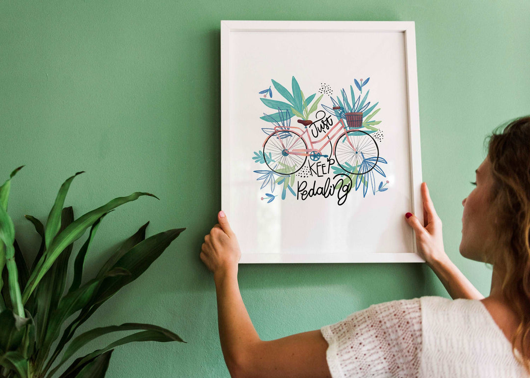 Just Keep Pedaling Print | Green Bicycle Cycling Quote Affirmation Art | Happy Cute Living Room Bedroom Wall Art Decor | Poster Vibrant Home