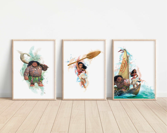 Moana Prints | Watercolour Maui Hei Hei Pua Tamatoa Princesses Bedroom Kids Children Newborn Baby Nursery Bedroom Art Wall Disney Pixar