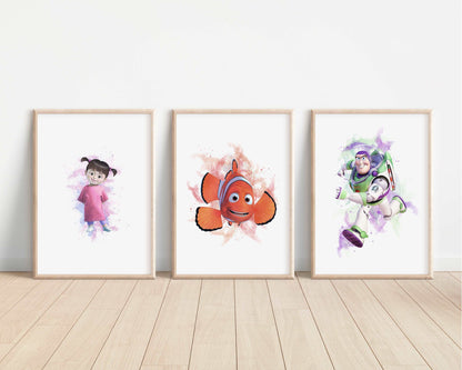 Pixar Watercolour Prints | Monsters Inc Toy Story Nemo Remy Cars Bedroom Print Kids Children Nursery Bedroom Art Wall Disney Pixar