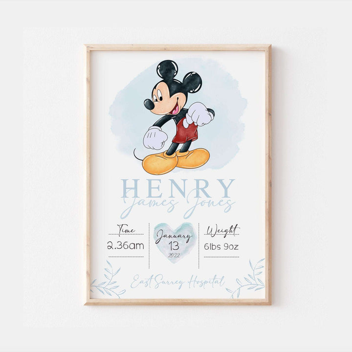 Personalised The Day You Were Born | Mickey Mouse Disney Newborn Print Watercolour Bedroom Nursery Decor Baby Gift Poster Baby Shower