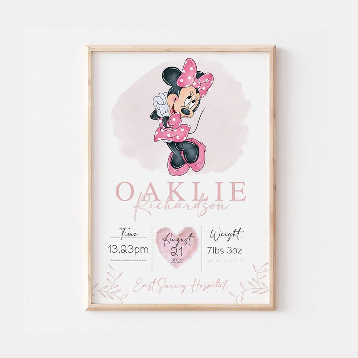 Personalized The Day You Were Born | Minnie Mouse Disney Newborn Print Watercolor Bedroom Nursery Decor Baby Gift Poster Baby Shower