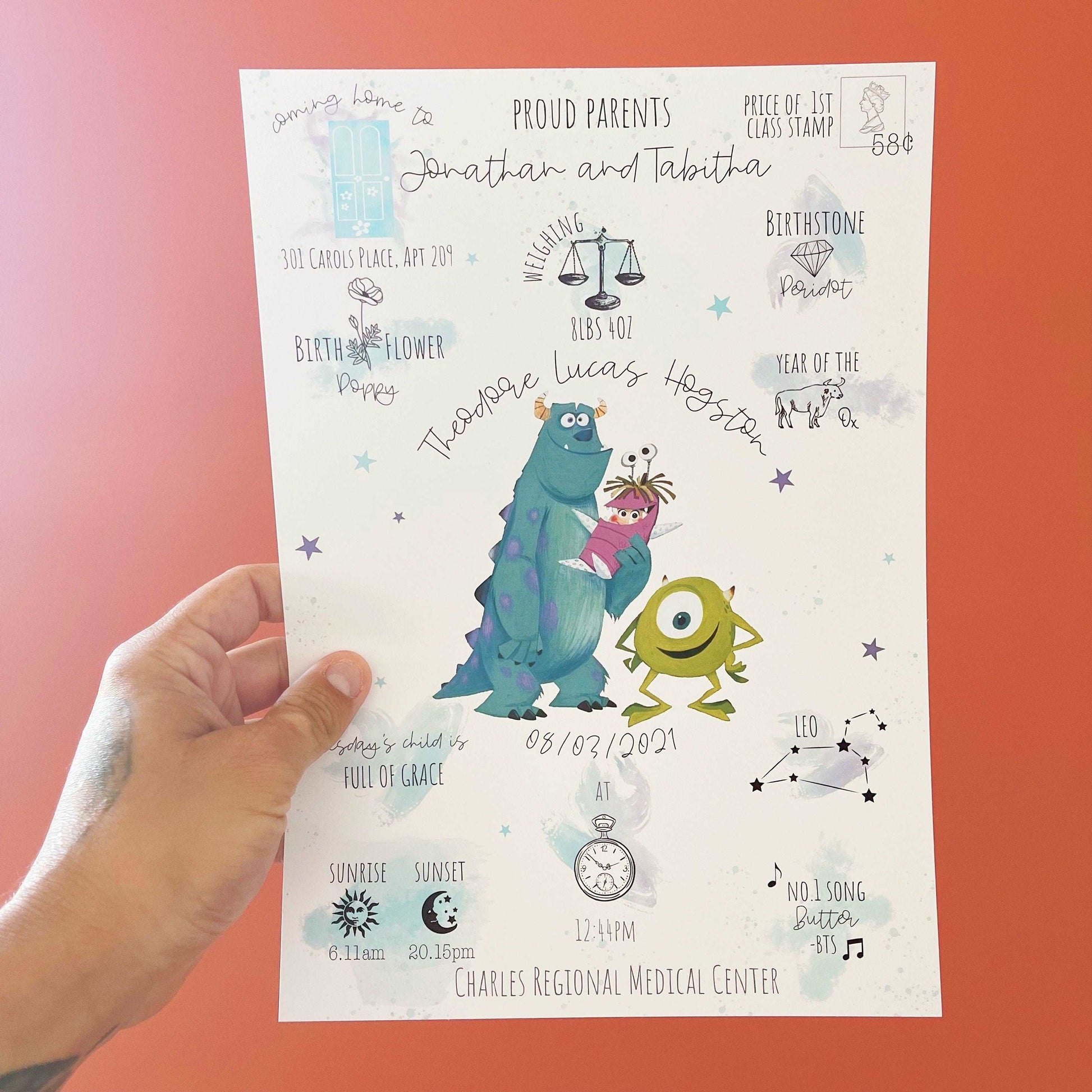 Personalized The Day You Were Born Newborn Print Monsters Inc Boo Mike Disney Watercolor Bedroom Nursery Decor Baby Gift Mothers Day Pixar