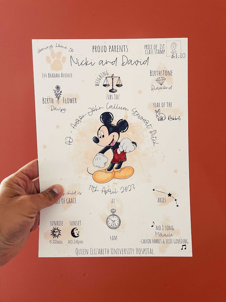 Personalized The Day You Were Born Newborn Print | Mickey Minnie Mouse Disney Watercolor Bedroom Nursery Baby Gift Poster Shower MothersDay