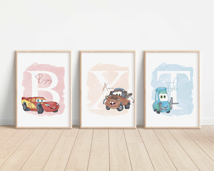 Cars Personalised Print | McQueen Mater Guido Luigi Sally Watercolours Bedroom Kids Children Nursery Bedroom Art Wall Disney Pixar