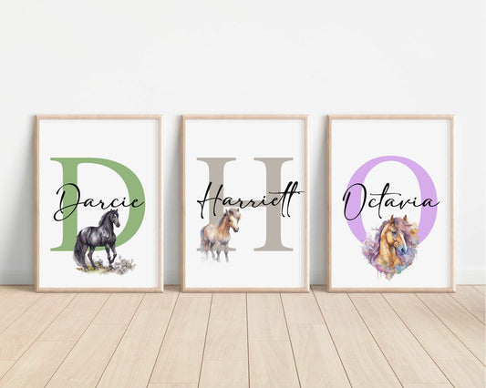 Horses Personalised Print | Pony Thoroughbred Friesian Arabian Shetland Shire Animals Gift Bedroom Kids Children Nursery Bedroom Art Wall