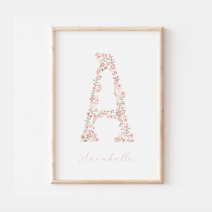 Floral Initial Personalised Print | Baby Girl Gift | Pink Flowers Family Poster Kids Children Bedroom Newborn Nursery Wall Art Present