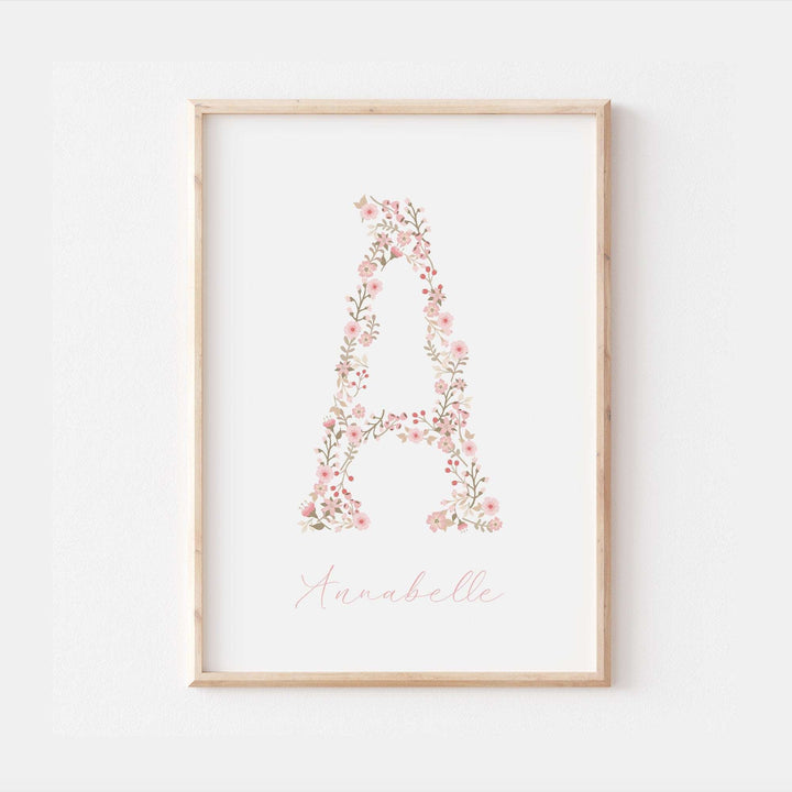 Floral Initial Personalised Print | Baby Girl Gift | Pink Flowers Family Poster Kids Children Bedroom Newborn Nursery Wall Art Present