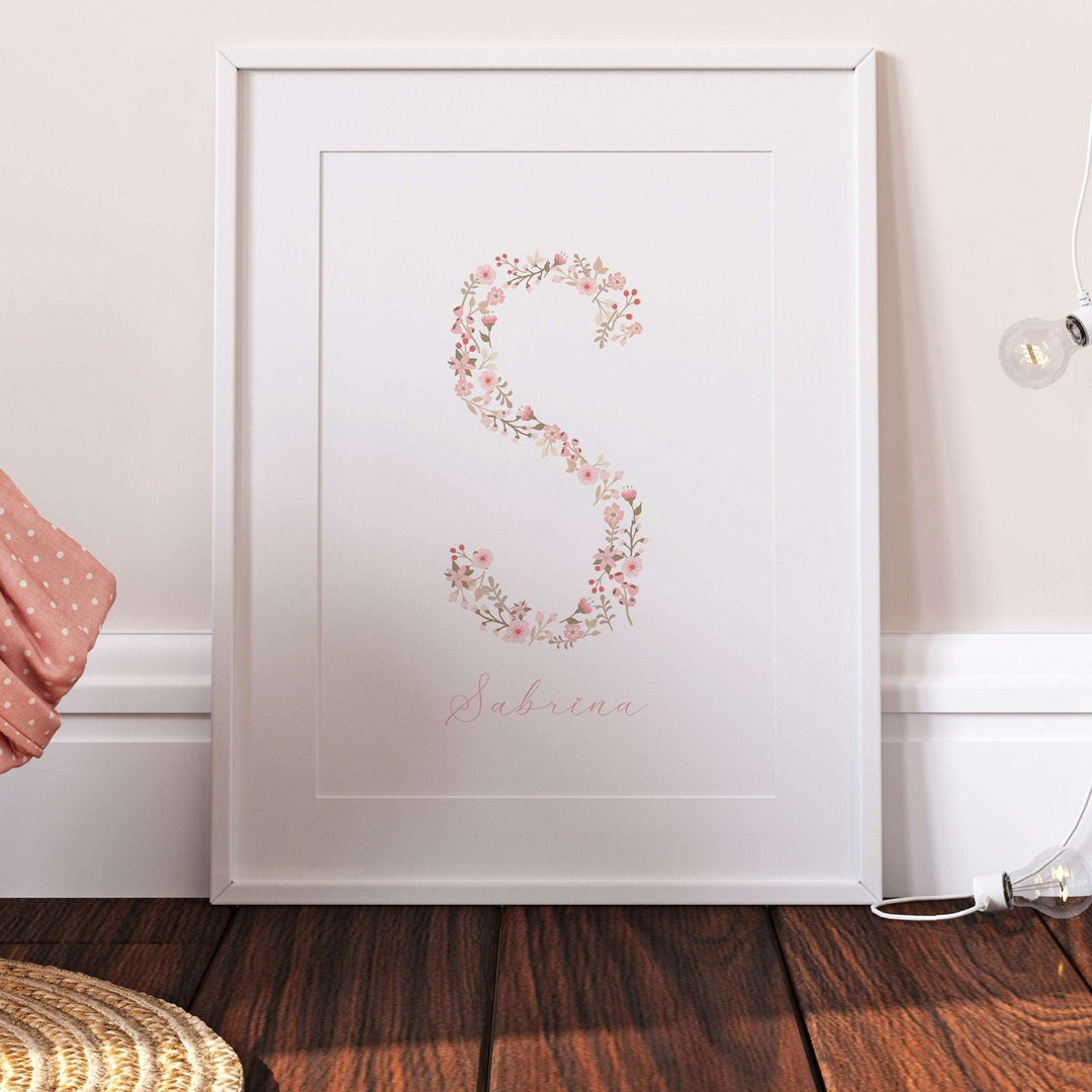 Floral Initial Personalised Print | Baby Girl Gift | Pink Flowers Family Poster Kids Children Bedroom Newborn Nursery Wall Art Present