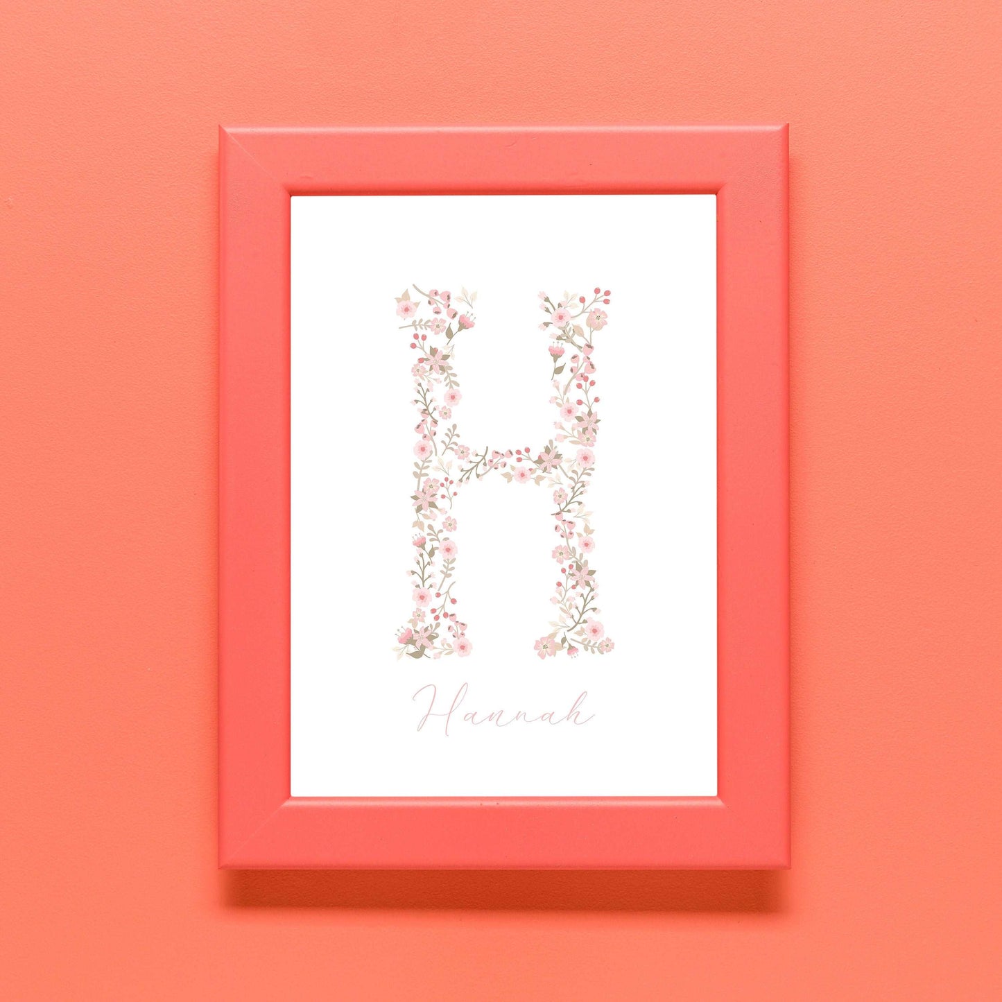 Floral Initial Personalised Print | Baby Girl Gift | Pink Flowers Family Poster Kids Children Bedroom Newborn Nursery Wall Art Present