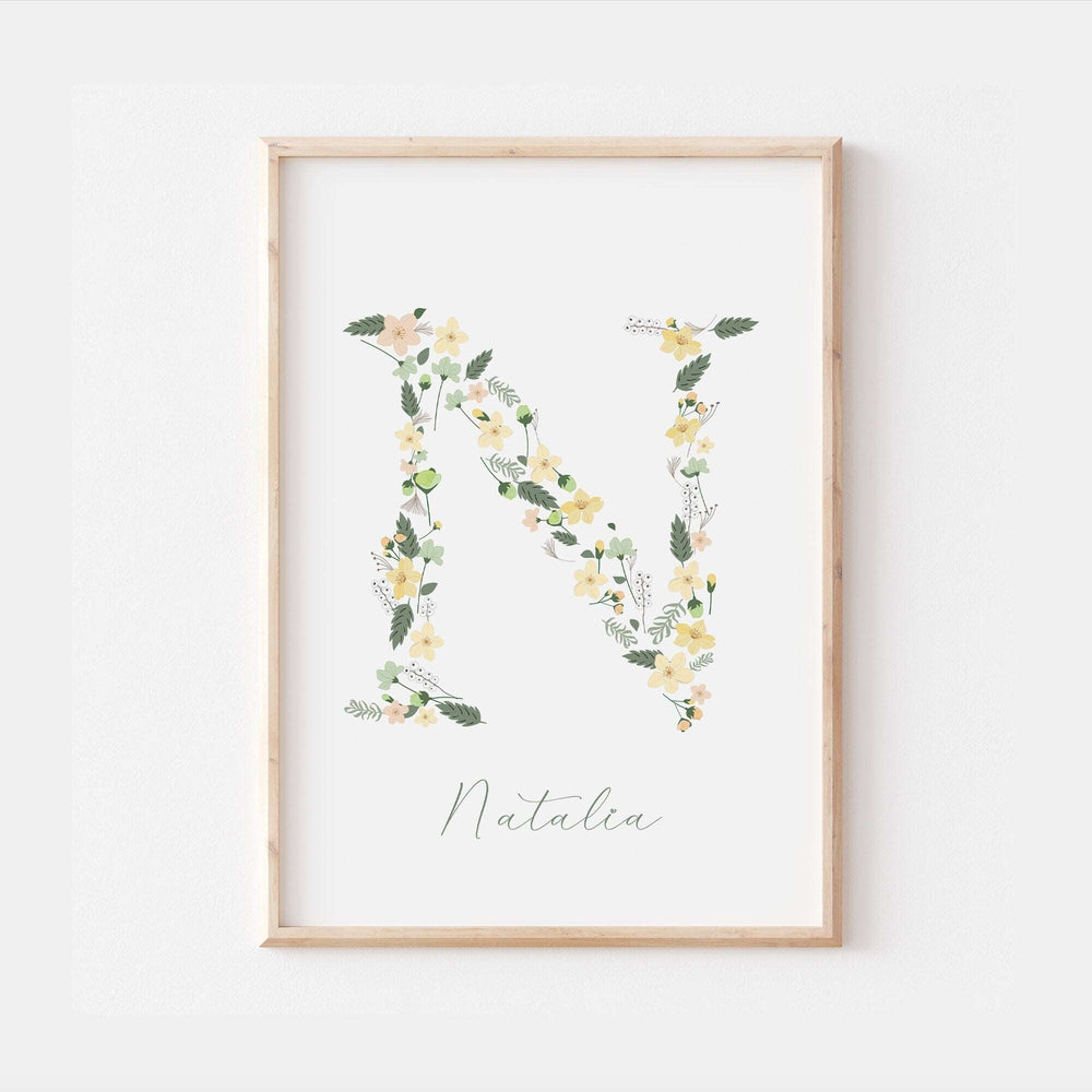 Floral Initial Personalised Print | Baby Girl Gift | Green Flowers Family Poster Kids Children Bedroom Newborn Nursery Wall Art Present