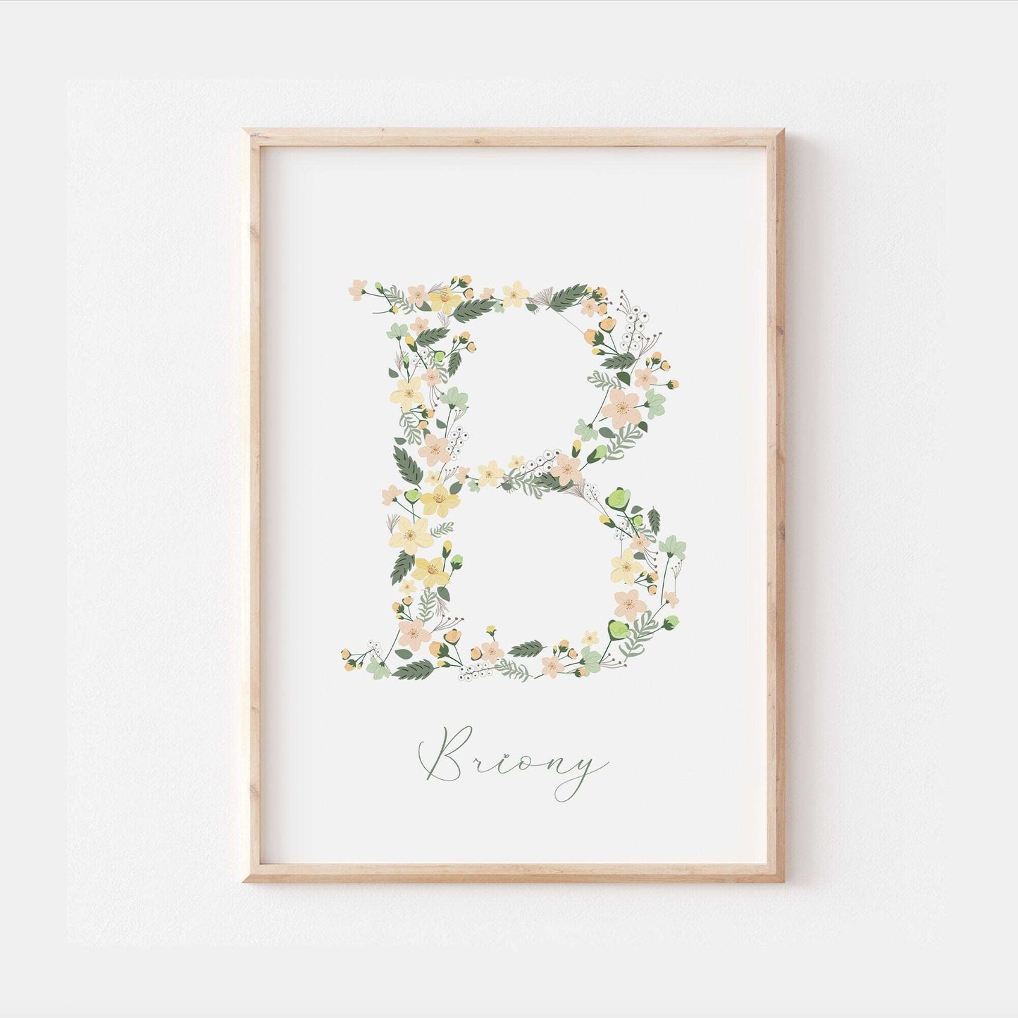 Floral Initial Personalised Print | Baby Girl Gift | Green Flowers Family Poster Kids Children Bedroom Newborn Nursery Wall Art Present